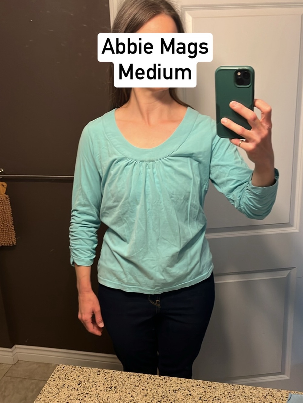 95% cotton Medium ruched Long-Sleeve Scoop, gathered ScoopNeck Top in Light Teal